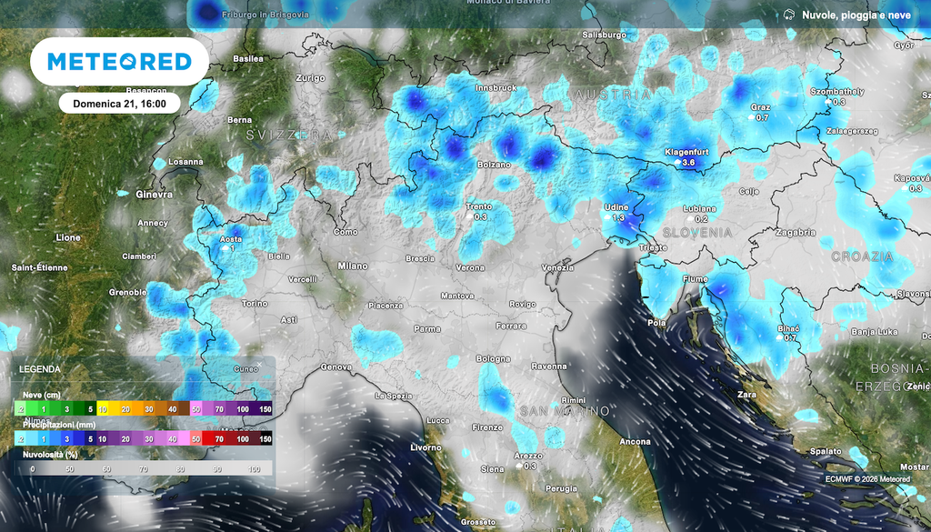 La mappa delle precipitazioni previste da ECMWF per domenica vede vari temporali termoconvettivi a innesco geografico su Alpi e Appennino, con rari sconfinamenti in pianura.