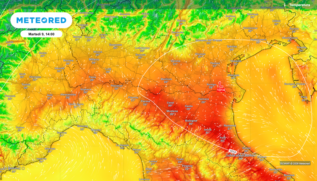 Temperature in aumento in Emilia Romagna e in genere su tutto il nord fra il weekend e inizio settimana. Le temperature massime in particolare martedì torneranno sui 32°C, valore che, non tutti sanno, è di 4-5°C sopra la media stagionale.