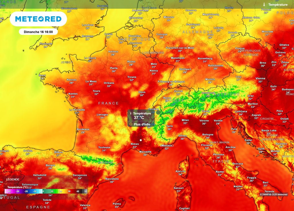 Températures dimanche après-midi Ce dimanche après-midi, seul le quart Sud-Est devrait encore dépasser le seuil de très forte chaleur de 35°C.