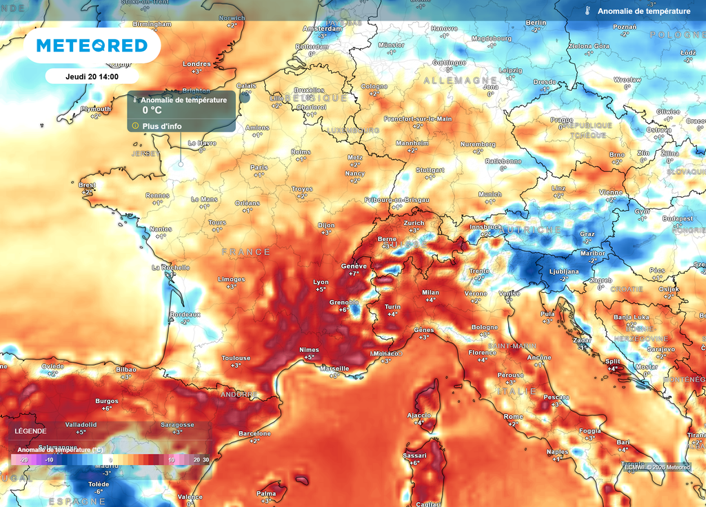 Anomalie de températures jeudi après-midi Jeudi 20 août, en-dehors du Sud-Est toujours en surchauffe, les autres régions devraient se rapprocher des normales de saison.