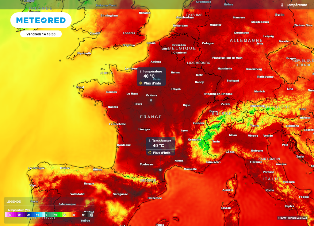 Encore des pointes de 40°C dans plusieurs régions françaises ce vendredi 14 août Encore des pointes de 40°C dans plusieurs régions françaises ce vendredi 14 août
