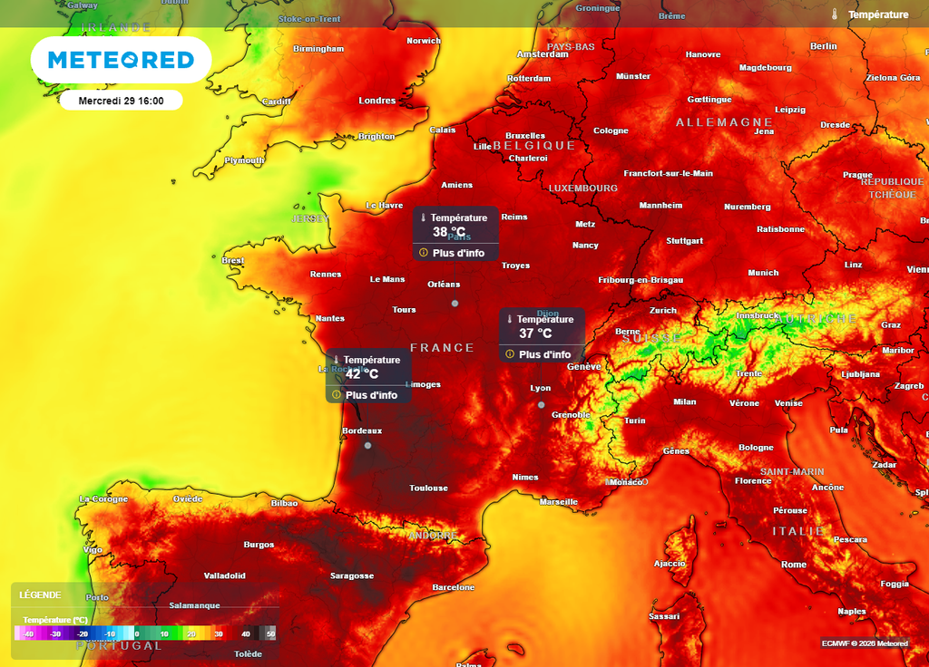 Il fera entre 35 et 42°C sur la quasi-totalité du territoire français ce mercredi