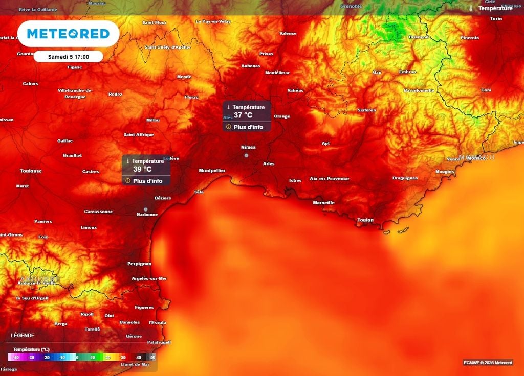 Des températures de 37 à 40°C sont prévues sur les départements méditerranéens ce samedi Des températures de 37 à 40°C sont prévues sur les départements méditerranéens ce samedi