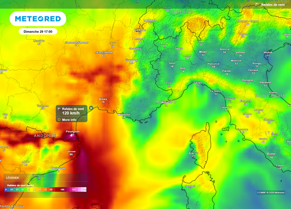 Rafales de vent dimanche après-midi Sud-Est Le vent s'annonce parfois violent ce dimanche après-midi dans le Sud-Est, atteignant 120 km/h en rafales pour la tramontane vers le Roussillon.