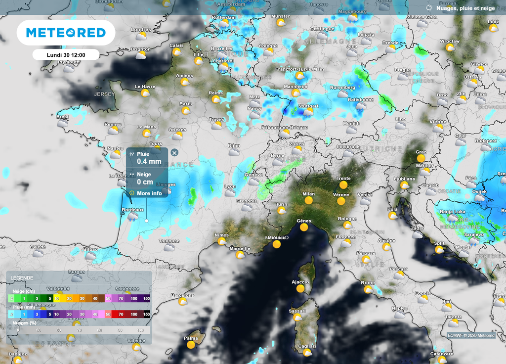 Nuages, pluie et neige lundi midi Lundi midi, la perturbation sera surtout active entre la Nouvelle-Aquitaine et le Massif central, avec également quelques averses vers le Grand-Est et la Bretagne.