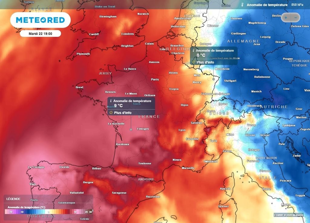 L'air le plus chaud concerne le sud et l'ouest, concernant moins le nord-est de la France L'air le plus chaud concerne le sud et l'ouest, concernant moins le nord-est de la France