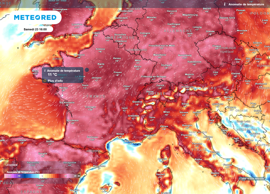 Anomalie de températures vendredi après-midi Vendredi après-midi, les températures seront parfois plus de 10°C au-dessus des normales de saison près de l'Atlantique.