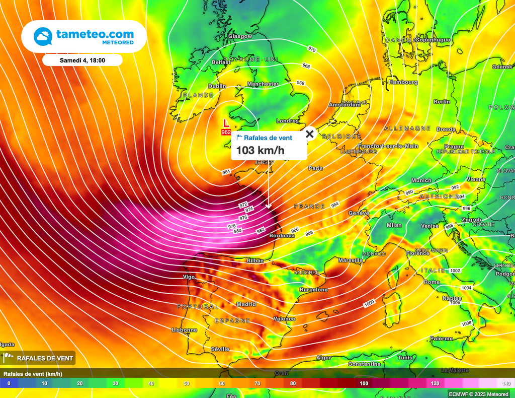 Plus de 100km/h possibles à l'intérieur des terres du quart Sud-Ouest demain soir et nuit de samedi à dimanche.