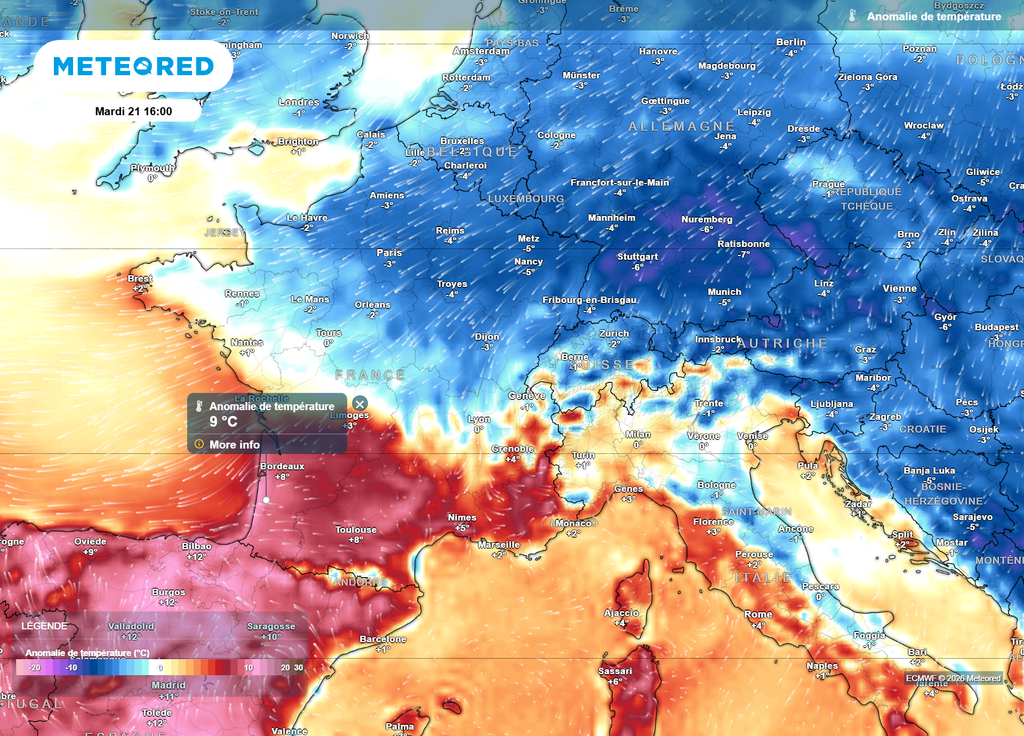 En termes de couleurs et d'anomalie de températures par rapport aux moyennes de saison, le contraste sera saisissant mardi après-midi entre le Nord et le Sud.