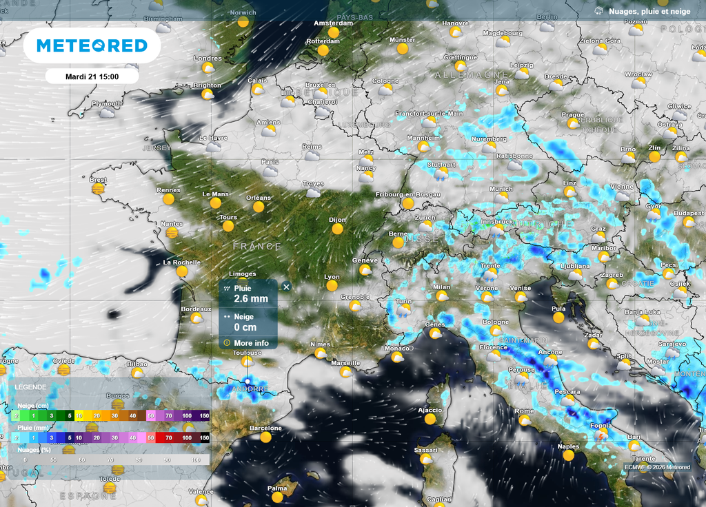 Mardi après-midi, si un temps sec domine, on notera quelques nuages du Nord de la Seine au Nord-Est, et des averses en montagne, orageuses sur les Pyrénées.