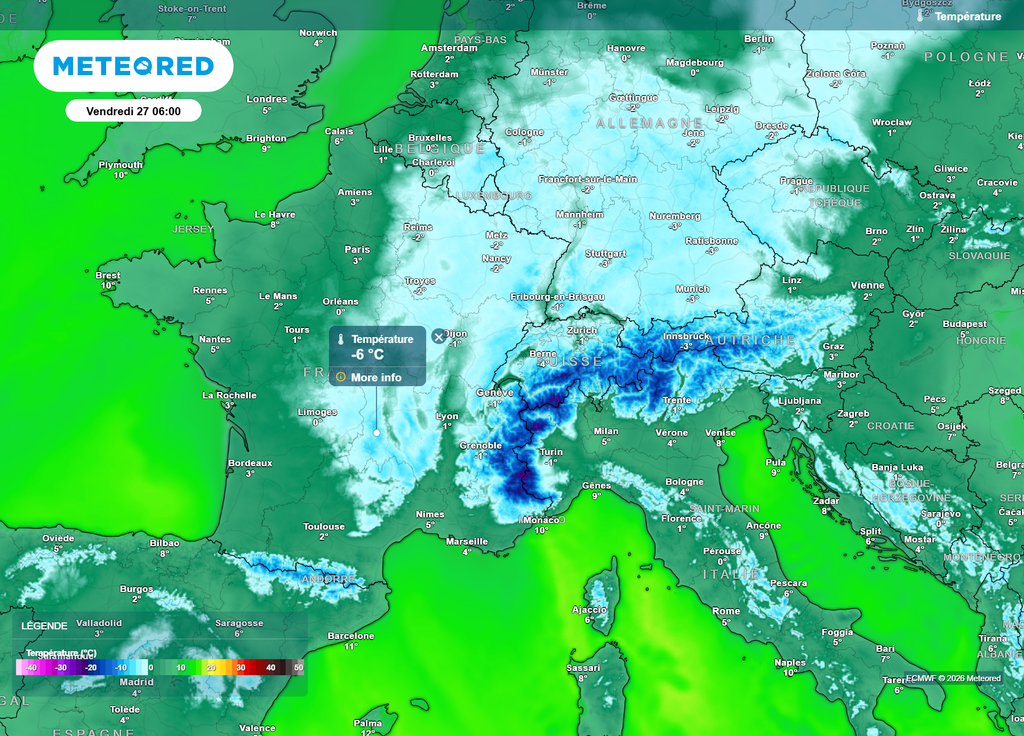 Vendredi matin, le gel concernera une bonne moitié Est et centrale du pays, avec des pointes à -5 voire -6°C dans les zones habituellement froides, notamment vers les vallées abritées.