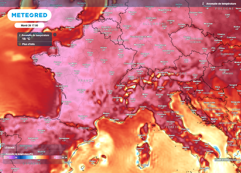 Anomalie de températures mardi après-midi Le pic de chaleur aura probablement lieu mardi après-midi, avec des valeurs jusqu'à 16°C au-dessus des normales de saison à l'Ouest !