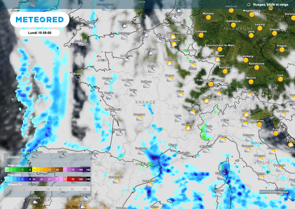 Temps généralement calme en matinée de lundi, sauf en Corse et sur le Languedoc. Prudence.