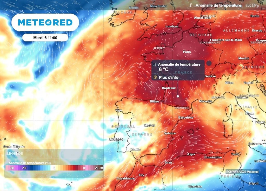 La masse d'air se montre très douce pour la période en altitude sur l'ouest de l'Europe et notamment sur la France