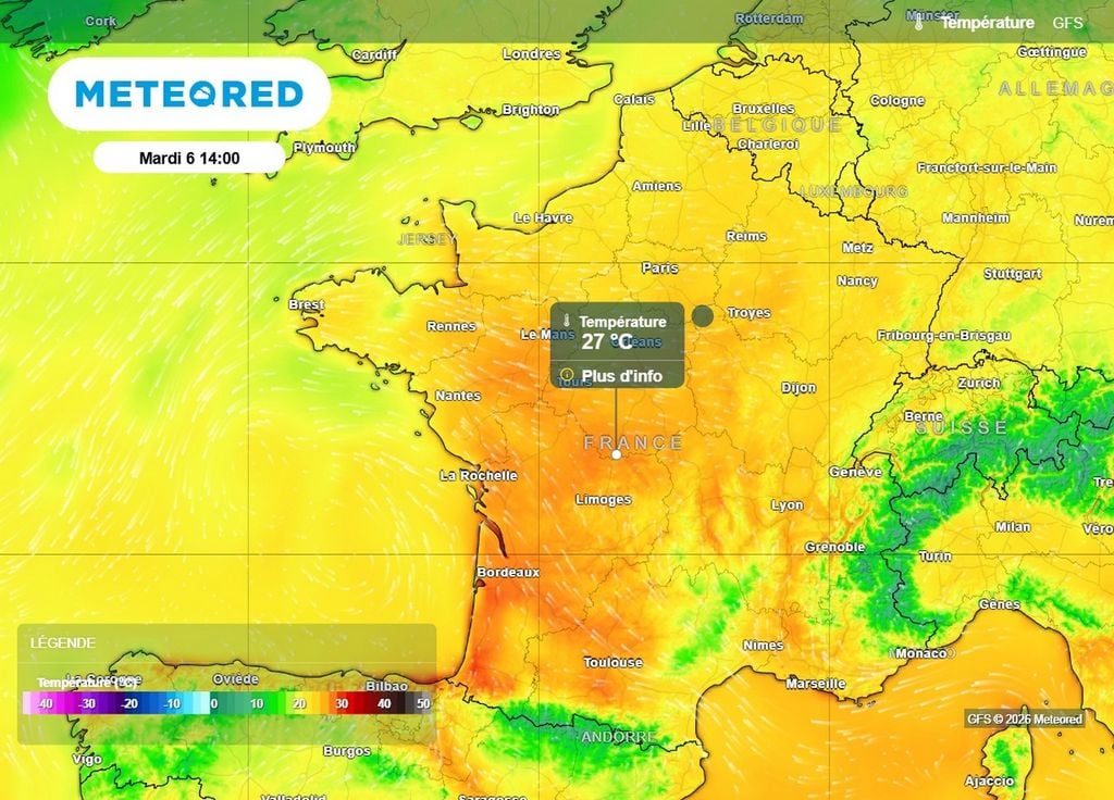 Le ressenti s'annonce chaud cet après-midi sur une large partie sud et ouest de la France avec souvent plus de 25/26°C et des pointes à 28/29°C possibles