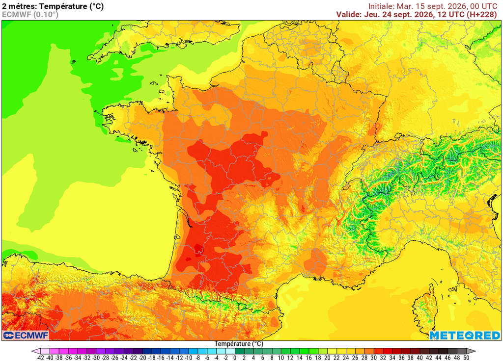 Températures modèle européen jeudi 24 septembre Pour le jeudi 24 septembre, le modèle européen prévoit déjà des valeurs proches des 30°C dans plusieurs régions à midi seulement…