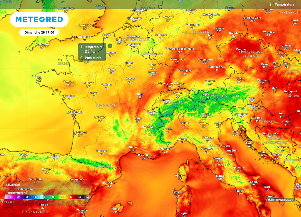 Températures dimanche après-midi Les températures repasseront souvent à l'Ouest sous les 25°C (le seuil de chaleur) ce dimanche après-midi, notamment sous la perturbation nuageuse et faiblement pluvieuse.