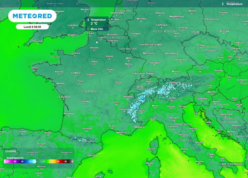 Lundi matin, des valeurs proches de 0°C sont probables au Nord de la Seine, en raison des effets du rayonnement nocturne.