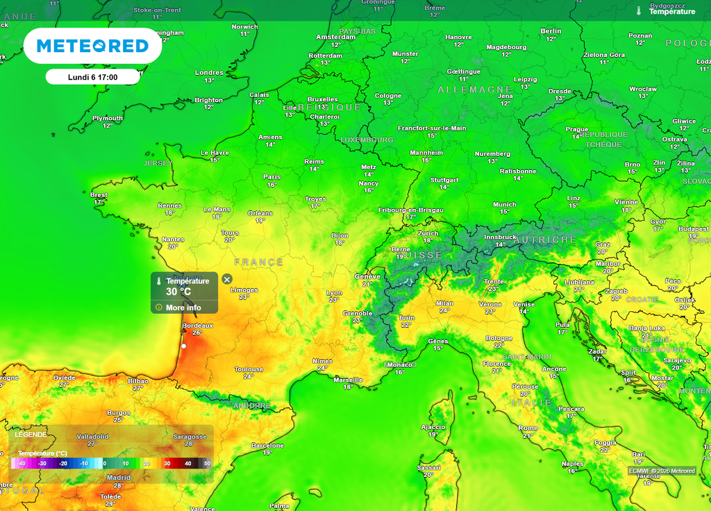 Lundi après-midi, les écarts de températures seront particulièrement importants : de 12°C dans le Boulonnais, jusqu'à 30°C dans les terres landaises.