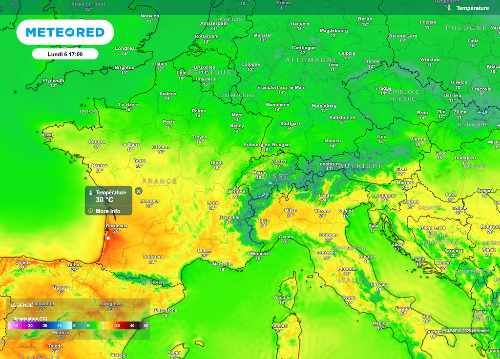 C'est dans le Sud-Ouest que les amplitudes thermiques seront les plus fortes ce lundi, où on flirtera parfois avec les 30°C dans l'après-midi !