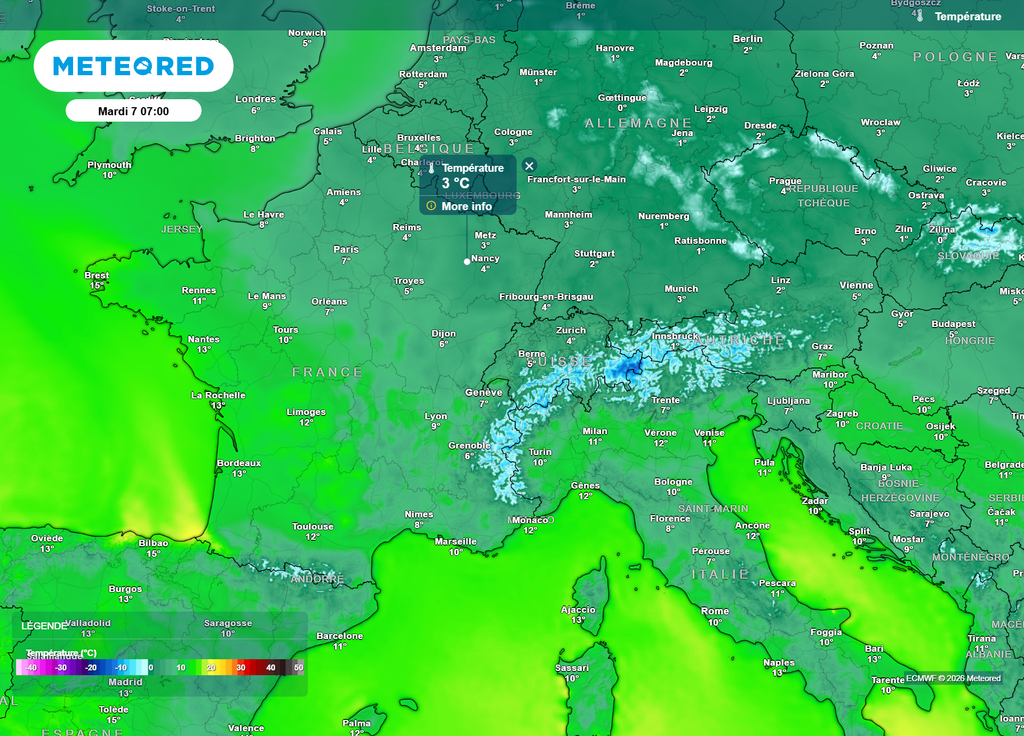 C'est dans le Nord-Est que les amplitudes thermiques seront les plus fortes mardi, où il fera souvent moins de 5°C au lever du jour !