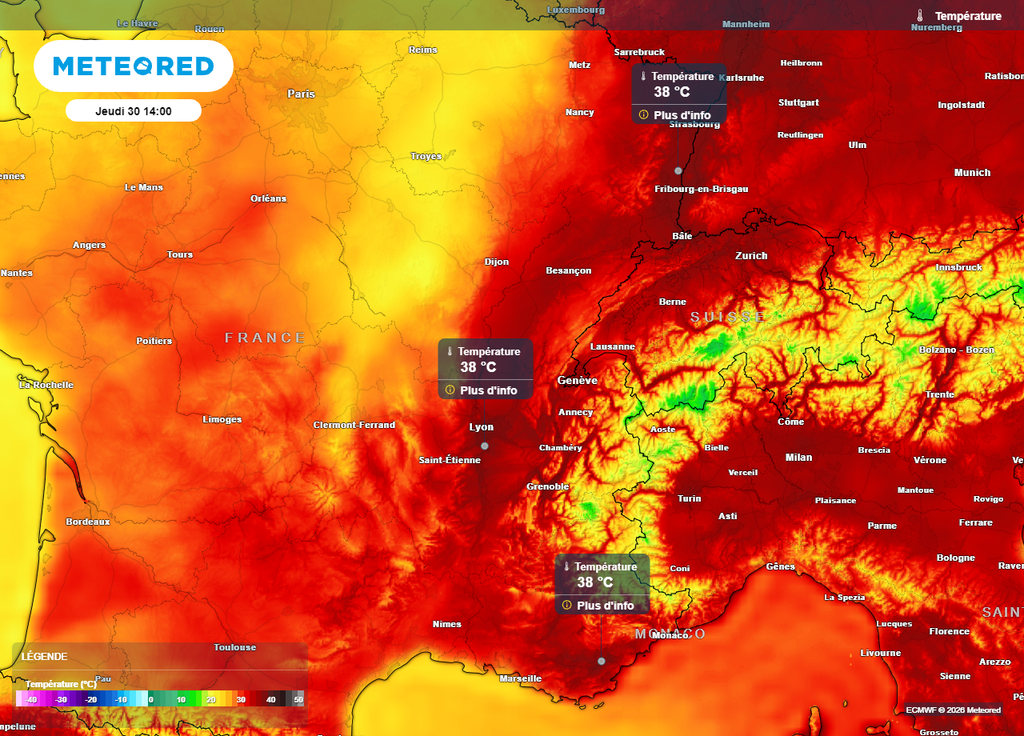 Des températures de 35 à 40°C sont prévues du sud-est de la France à l'Alsace ce jeudi