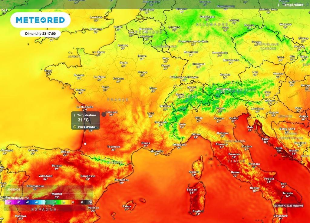 Ce dimanche après-midi, la forte chaleur (soit des températures au-dessus de 30°C) sera déjà bien installée du Sud-Ouest à la Provence.