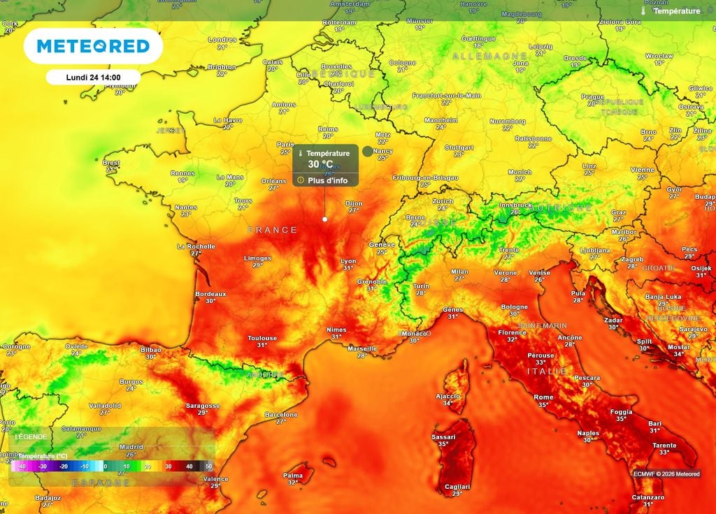 Demain, lundi, la barre des 30°C sera atteinte ou dépassée sur les deux-tiers Sud de la France dans l'après-midi.