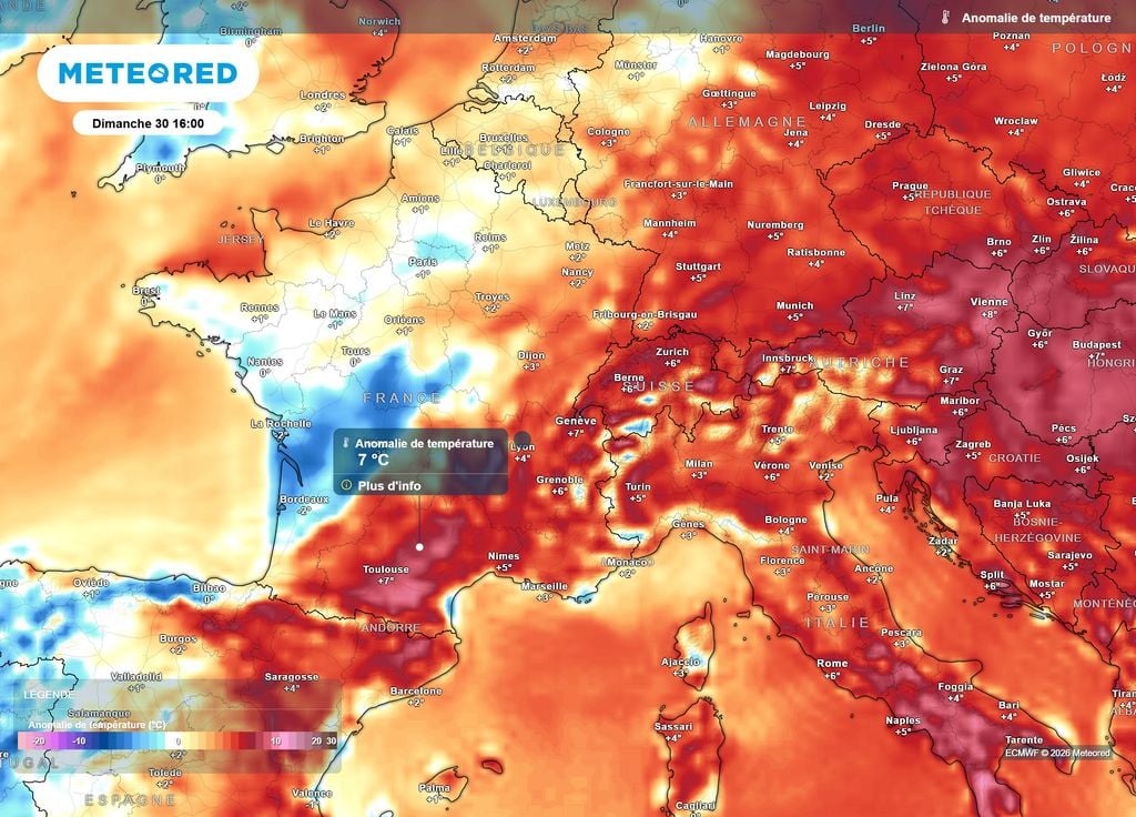Anomalie de températures dimanche après-midi Dimanche après-midi, les régions allant de l'Occitanie à Rhône-Alpes connaîtront des valeurs souvent 5 à 7°C au-dessus des normales de saison.