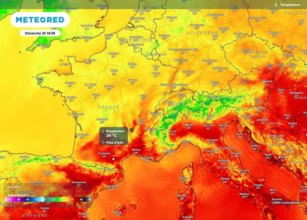 Températures dimanche après-midi Dimanche après-midi, des pointes à 34°C à l'ombre sont probables en Occitanie, vers la plaine toulousaine et le Languedoc.