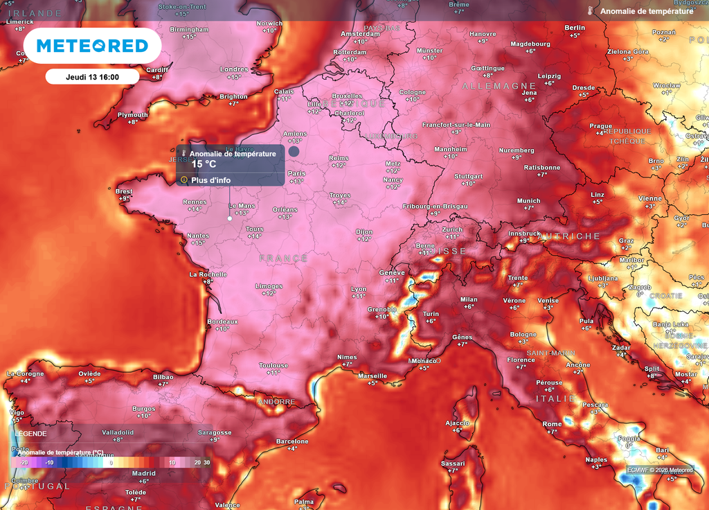 Anomalie de températures jeudi après-midi Ce jeudi marque le pic de cet épisode caniculaire à l'échelle nationale, avec des températures jusqu'à 15°C au-dessus des normales de saison !