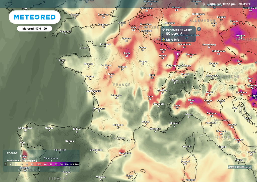 La moitié sud devrait avoir moins de pollution dans un premier temps grâce aux intempéries de prévues (surtout dans le sud-est). La moitié sud devrait avoir moins de pollution dans un premier temps grâce aux intempéries de prévues (surtout dans le sud-est).