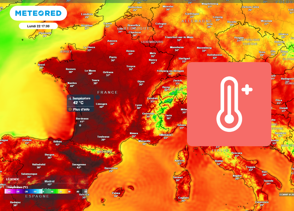 Températures lundi après-midi Ce lundi après-midi, une grande partie des départements en vigilance rouge connaîtra des températures comprises entre 40 et 42°C.