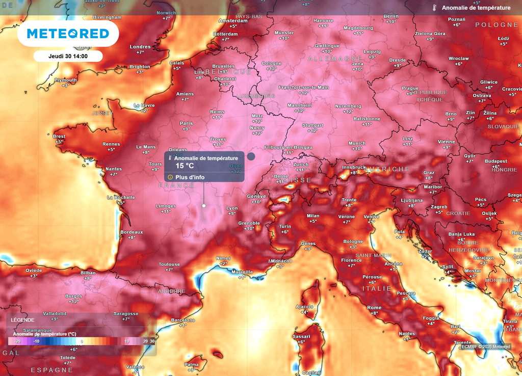 Jeudi 30 juillet, les températures de l'après-midi pourraient se retrouver 10 à 15°C au-dessus des normales de saison, notamment du Massif Central au Nord-Est.