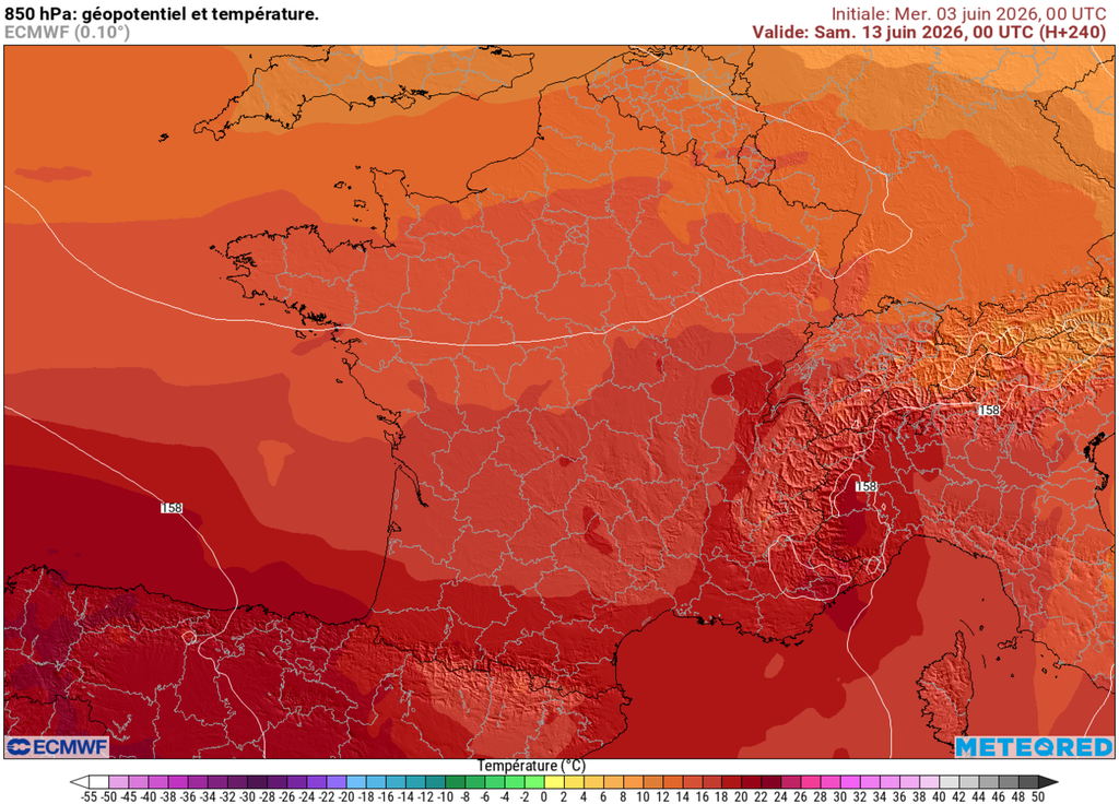Les prévisions à 10 jours du modèle européen voient l'arrivée d'une masse d'air très chaud sur la moitié Sud dès le samedi 13 juin.