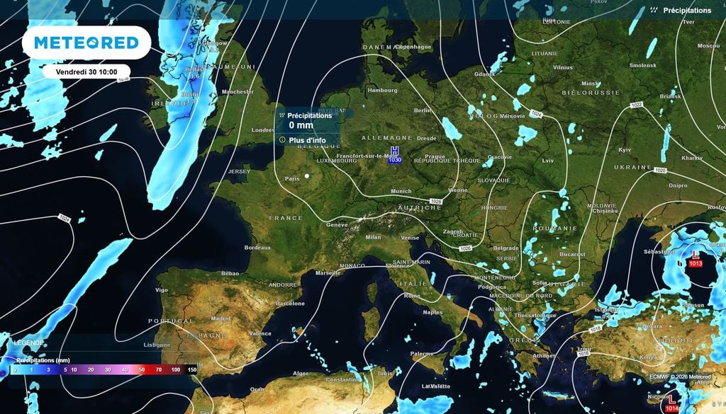 Anticyclone précipitations vendredi 30 octobre Europe L'anticyclone, très costaud, empêchera en cette fin de semaine toutes les perturbations pluvieuses de pénétrer sur le pays : un véritable bouclier anti-pluie !