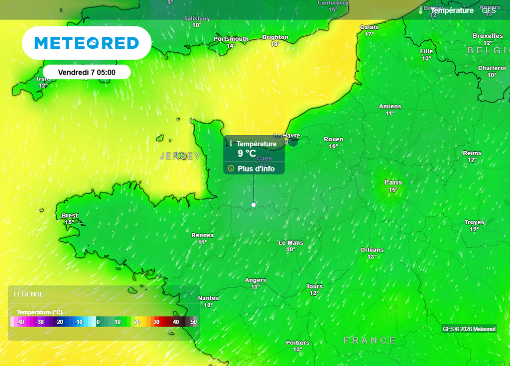 Fraîcheur Le début de journée de ce vendredi se montrera bien frais sur le nord-ouest du pays avec des minimales parfois inférieures à 8/9°C