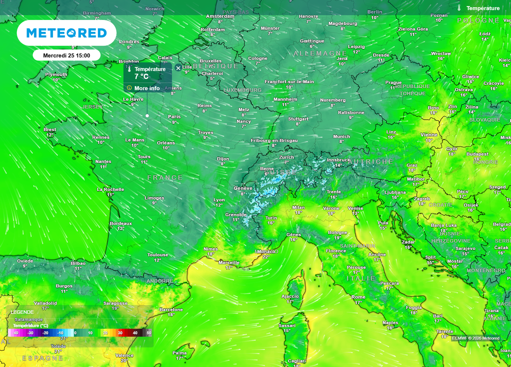 Mercredi après-midi, la chute des températures par rapport à ce mardi atteindra souvent 8 à 10°C au Nord et à l'Est !