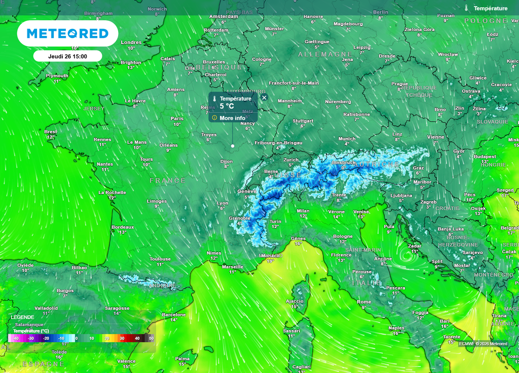 Jeudi après-midi, l'air froid atteindra également la moitié Sud. Dans l'Est, certaines températures maximales plafonneront à 5 ou 6°C.