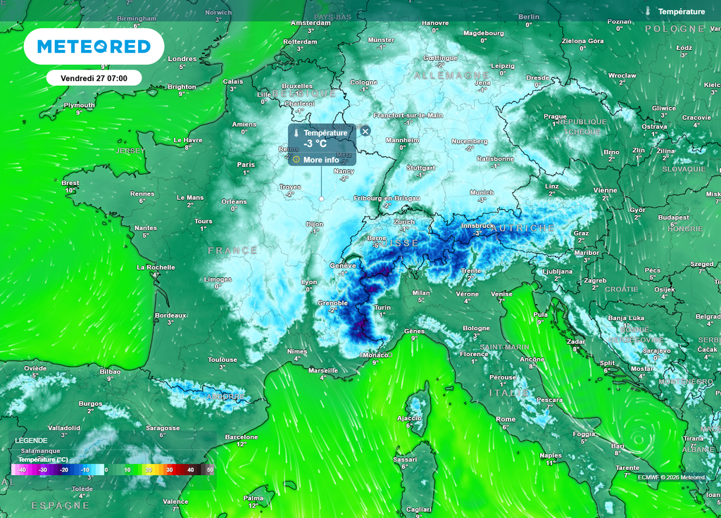 Vendredi matin, après une nuit souvent dégagée, le gel sera assez étendu en France, dans toutes les régions coloriées en bleu sur cette carte.
