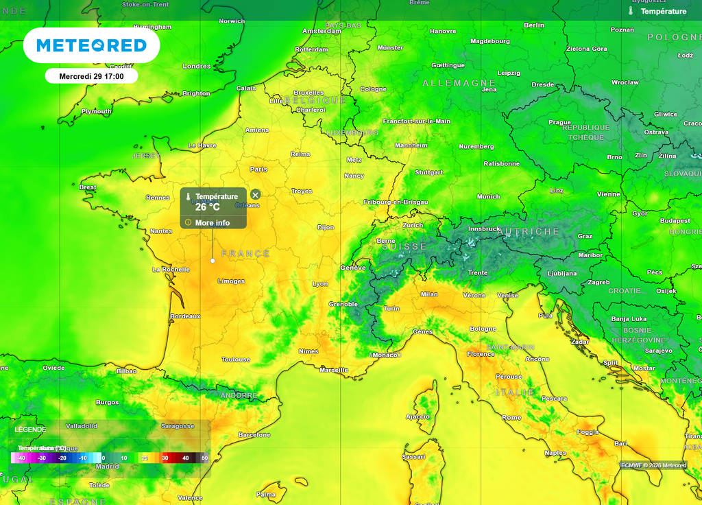 Dans toutes les régions coloriées en orange, le seuil de chaleur de 25°C risque d'être atteint ce mercredi après-midi.