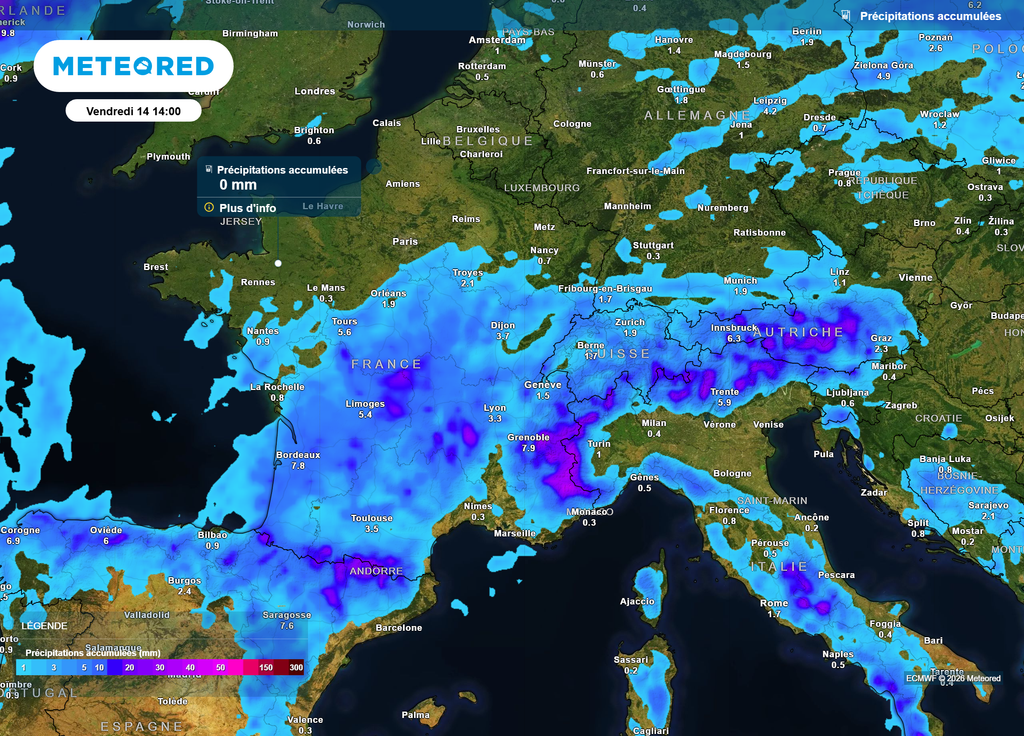 Cumuls de précipitations vendredi D'ici vendredi, seule la moitié Sud et surtout les reliefs auront reçu un timide arrosage lié aux orages, le Nord restant désespérément au sec.