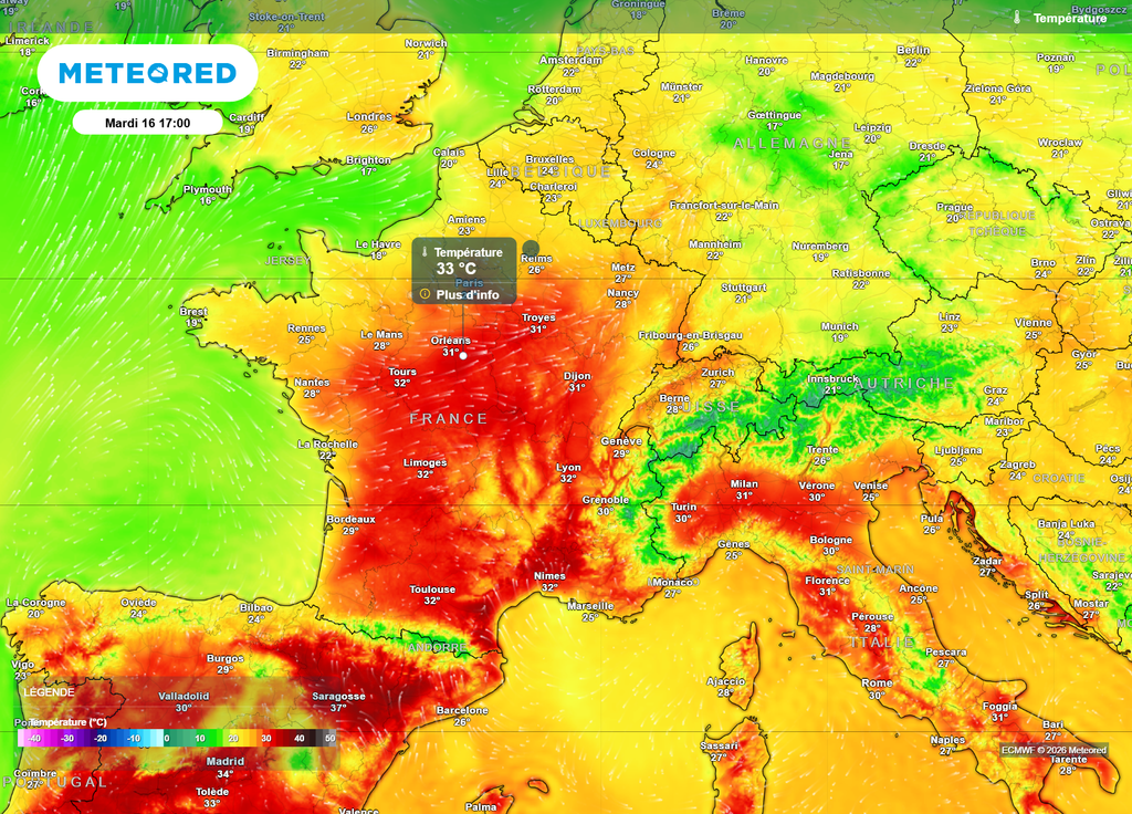Températures mardi après-midi Mardi après-midi, les fortes chaleurs vont gagner une large partie du pays, avec des pointes à 33°C jusqu'au Centre-Val-de-Loire.