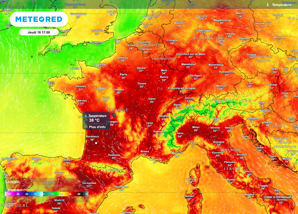 Températures jeudi après-midi Alors que le pic de l'épisode caniculaire risque d'être atteint seulement autour du 21 juin, des pointes à 38°C seront déjà probables jeudi dans le Sud-Ouest.