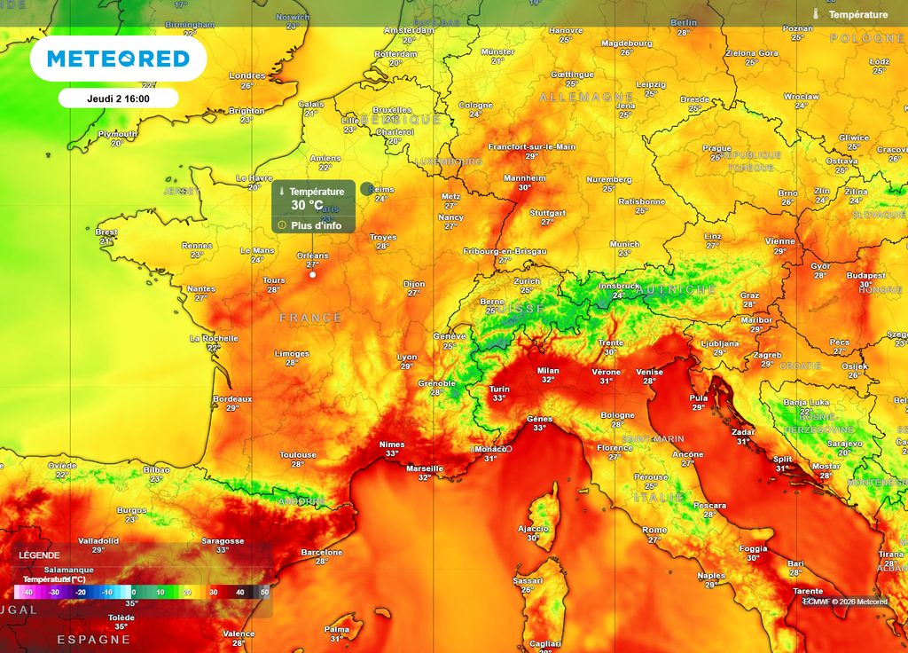 Températures jeudi après-midi Jeudi après-midi, la barre des 30°C sera franchie jusqu'à la Loire et jusqu'en Alsace. Les 35°C seront dépassés vers les terres languedociennes et varoises.