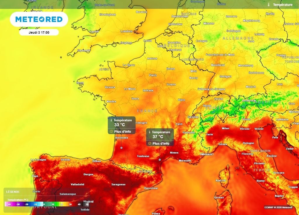Jeudi après-midi, on prévoit 33°C au sud-ouest et 37°C entre l'Aude et l'Hérault Jeudi après-midi, on prévoit 33°C au sud-ouest et 37°C entre l'Aude et l'Hérault