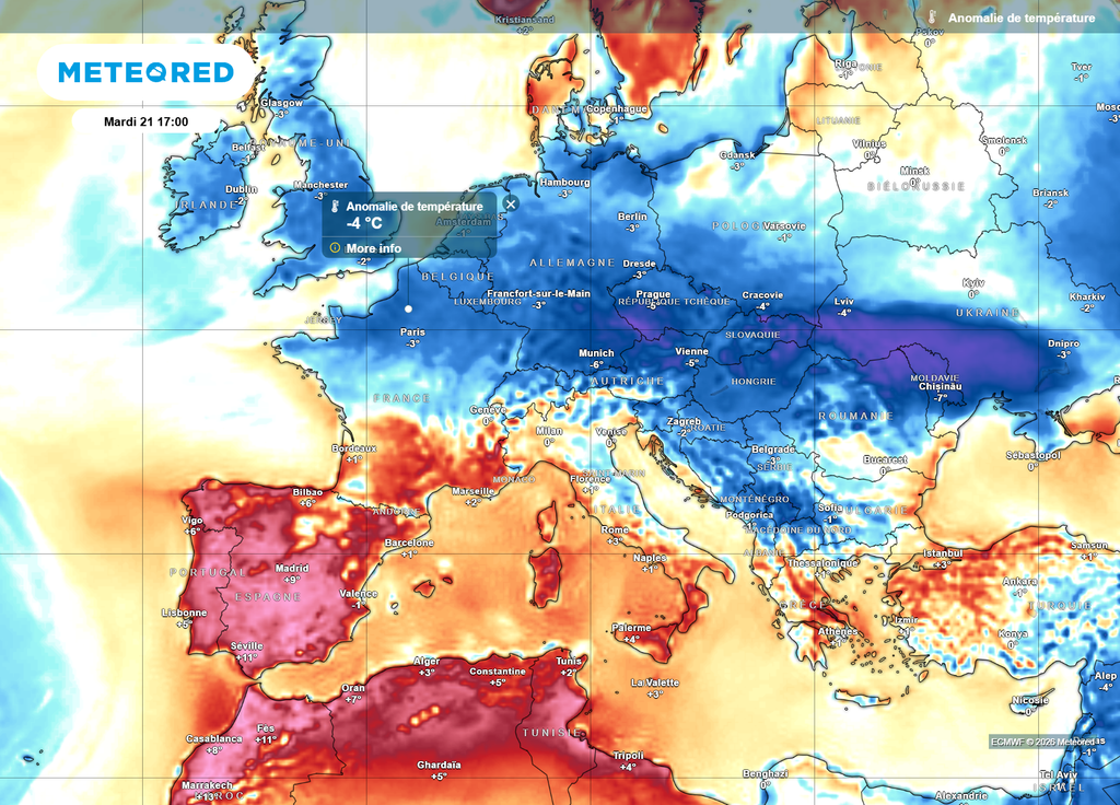Sous l'influence du flux d'Est sur l'Europe, les températures mardi après-midi pourraient s'abaisser localement 2 à 4°C sous les moyennes de saison sur la moitié Nord de la France.