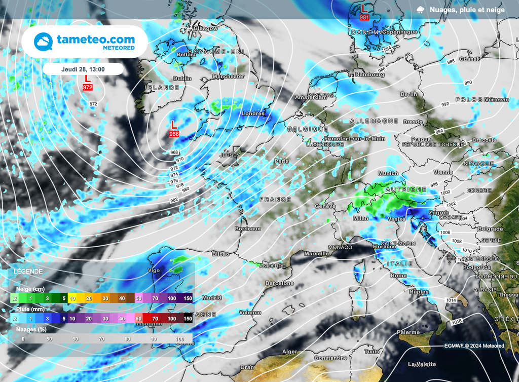 Des averses orageuses pourront circuler à l'avant de la dépression. Elles seront parfois fortes.