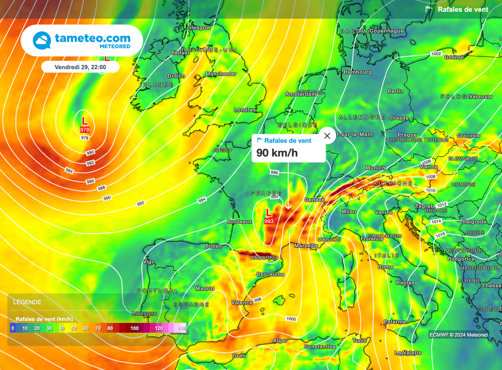 Les fortes rafales se positionneront sur le Sud-Est vendredi.