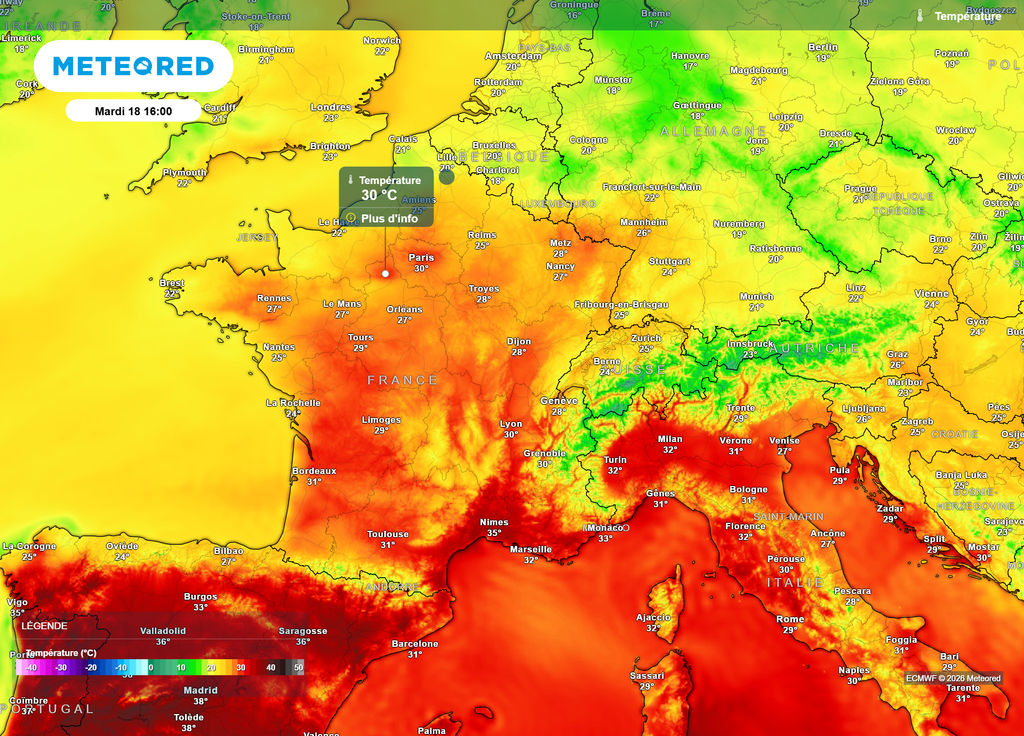 Températures mardi après-midi Mardi après-midi, le seuil de fortes chaleurs de 30°C sera encore atteint dans beaucoup de régions, y compris sur la moitié Nord.